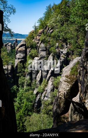 i pichi affilati in arenaria si levano in piedi fuori dal forrest Foto Stock