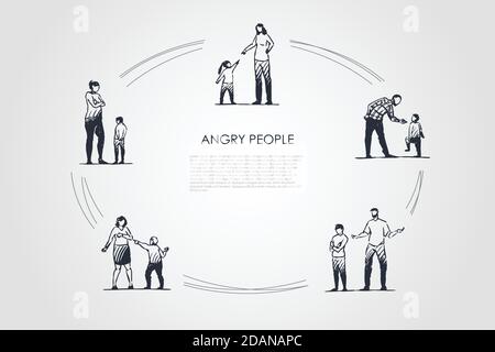 Persone arrabbiate - donne arrabbiate e uomini con bambini che mostrano insiemi di concetto di vettore di emozioni negative Illustrazione Vettoriale