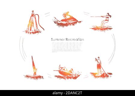 Ricreazione estiva - flyboarding, sci d'acqua, paddle boarding, vela, jet ski vettoriale Illustrazione Vettoriale