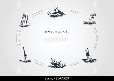Ricreazione estiva - flyboarding, sci d'acqua, paddle boarding, vela, jet ski vettoriale Illustrazione Vettoriale