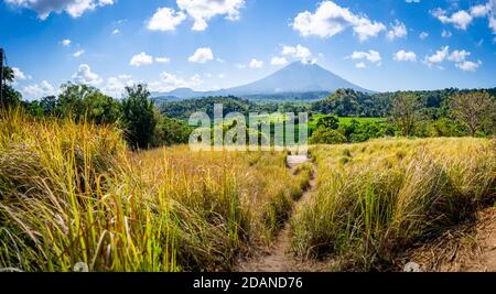 vista su vulcano da un campo di riso Foto Stock