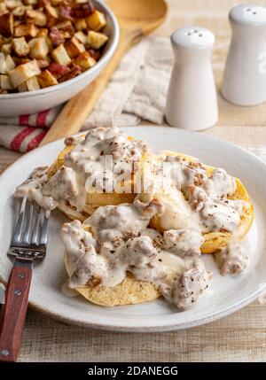 Crostini e crostini cremosi con sugo di salsiccia su un piatto con fritto patate sullo sfondo Foto Stock