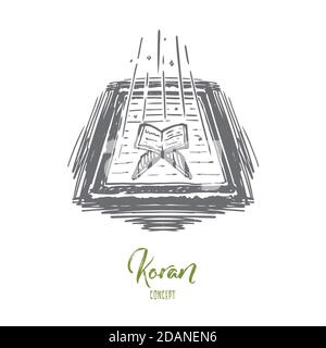 Islam, Corano, preghiera, libro santo, concetto musulmano. Vettore isolato disegnato a mano. Illustrazione Vettoriale