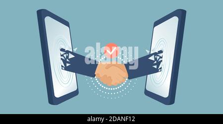 Vettore di due uomini d'affari handshaking con le mani che escono dai telefoni cellulari. Concetto di collaborazione online con gli accordi aziendali Illustrazione Vettoriale