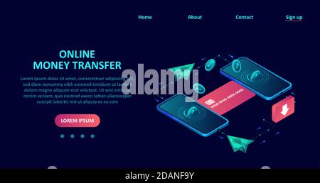 Concetto di mobile banking. Vettore di denaro trasferito da un portafoglio digitale a un altro tramite l'app per smartphone Illustrazione Vettoriale