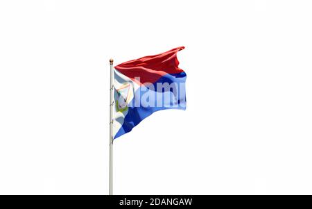 Bella bandiera nazionale di stato di Sint Maarten flutting su sfondo cielo. Grafica 3D a basso angolo in primo piano con Sint Maarten flag. Foto Stock