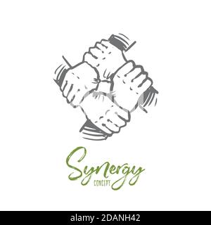 Synergy, business, community, team, concetto di collaborazione. Vettore isolato disegnato a mano. Illustrazione Vettoriale
