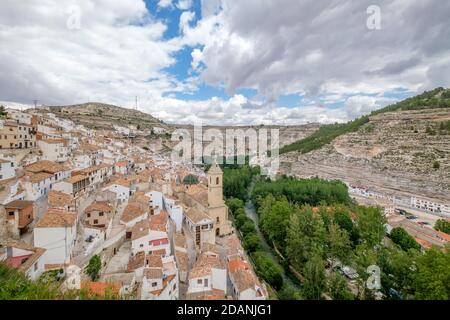 Alcala del Jucar Albacete Spagna Jucar River scatto aereo Foto Stock