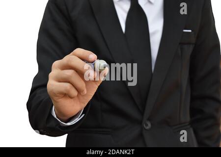 Uomo d'affari scrittura su schermo virtuale isolato su sfondo bianco. Foto Stock