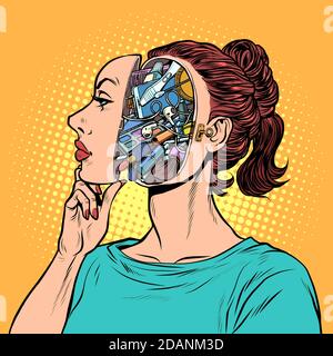 contenuto della borsa da donna. La testa di una donna con pensieri e idee Illustrazione Vettoriale