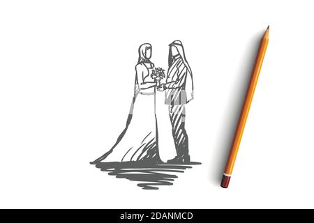 Matrimonio, sposo, sposa, coppia, concetto musulmano. Vettore isolato disegnato a mano Illustrazione Vettoriale