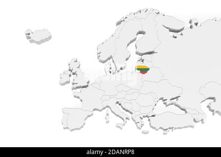 Mappa 3D europea con confini marcati - area della Lituania Contrassegnato con bandiera lituana - isolato su sfondo bianco con Spazio per il testo - illustrazione 3D Foto Stock
