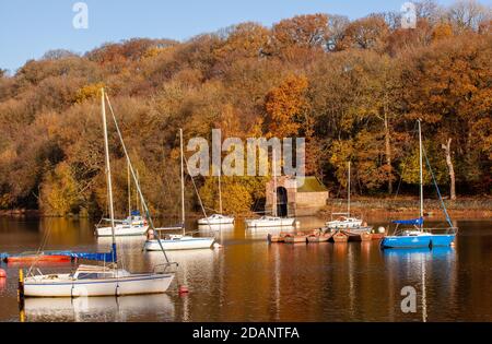 Rudyard Lake Reservoir nello Staffordshire Moorlands vicino a Leek See Con barche a vela ormeggiate nei colori autunnali in autunno gli alberi di bosco Foto Stock