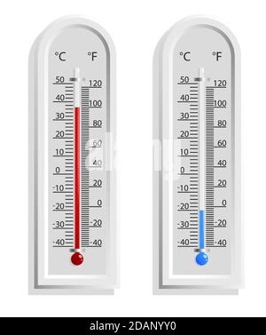 Termometro realistico con temperatura alta e bassa. Misurazione della temperatura esterna. Vettore isolato su sfondo bianco Illustrazione Vettoriale