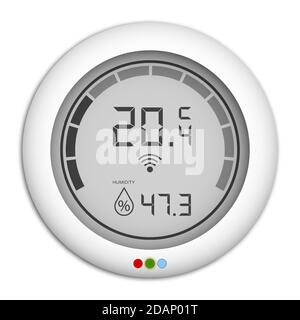 Controller digitale montato a parete con igrometro, regolatore per il controllo remoto del clima in casa. Parte del sistema domestico intelligente. Camera confortevole tempera Illustrazione Vettoriale