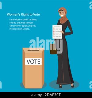 Donna araba con foglio di voto e casella di voto, diritti delle donne co Illustrazione Vettoriale