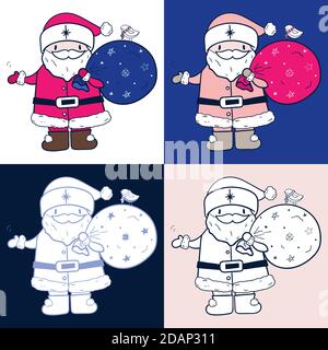 Cartoon Babbo Natale con borsa regalo e piccolo uccello. Carino Padre Natale agitando la mano. Illustrazione vettoriale disegnata a mano da San Nicola Illustrazione Vettoriale