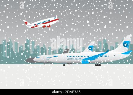 Nevicate in Airport.Take off aereo Illustrazione Vettoriale