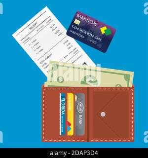 Ricevuta vuota, portafoglio con denaro e carta di credito, su sfondo blu Illustrazione Vettoriale