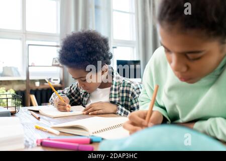 Carino ragazzo elementare in casualwear e sua sorella che prende appunti in copybooks Foto Stock