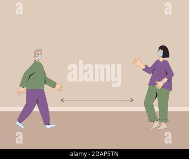 Concetto di allontanamento sociale. Personaggi adulti in maschere mediche in piedi con misure preventive durante la pandemia COVID-19. Uomini e donne w Illustrazione Vettoriale