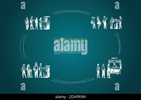Code di persone - persone in fila in attesa del loro turno per atm, terminale a pagamento e per l'imbarco vettore concept set Illustrazione Vettoriale