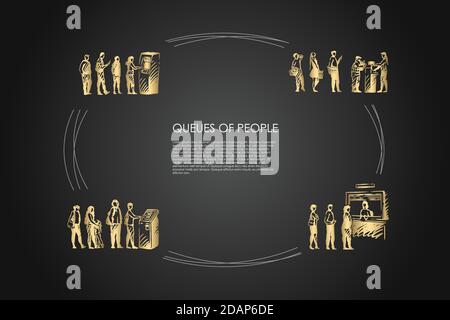 Code di persone - persone in fila in attesa del loro turno per atm, terminale a pagamento e per l'imbarco vettore concept set Illustrazione Vettoriale