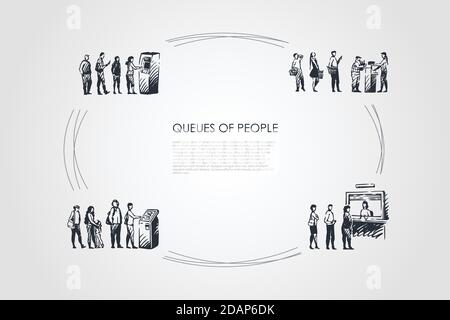 Code di persone - persone in fila in attesa del loro turno per atm, terminale a pagamento e per l'imbarco vettore concept set Illustrazione Vettoriale