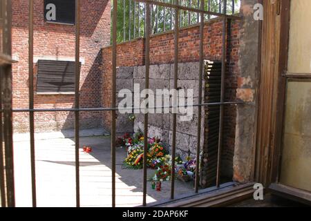 Il muro di morte e il cortile tra i blocchi 10-11 fotografati dall'esterno dietro le sbarre. Foto Stock