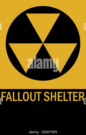 Cartello Fallout Shelter. Sfondo giallo nero. Ideale per sfondi, poster, adesivi, icone, cartelli, etichette e sfondi. Illustrazione Vettoriale