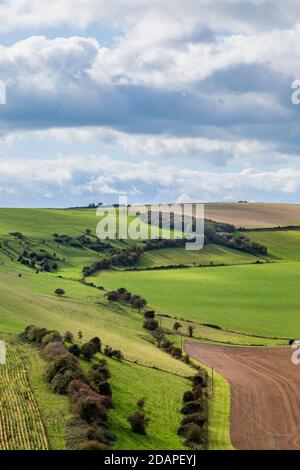 Una vista su terreni agricoli vista da lungo il South Downs Way in Sussex Foto Stock