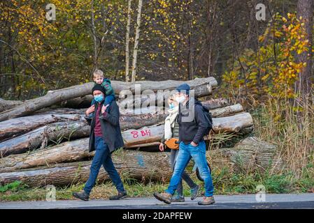 Camminatori / famiglia con bambini che camminano con maschere del viso lungo percorso forestale nel bosco durante il fine settimana occupato in autunno Foto Stock