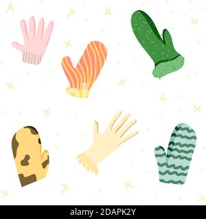 Set di sei diversi guanti e guanti disegnati a mano Illustrazione Vettoriale