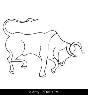 Disegno vettoriale lineare di un toro, simbolo di 2021. Disegno a mano, illustrazione in bianco e nero. Illustrazione Vettoriale