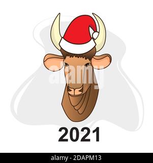 Bull in un cappello rosso santa su sfondo grigio. Scheda anno nuovo in stile piatto, stile cartoon Illustrazione Vettoriale