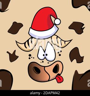 Il toro macchiato nel cappello rosso di santa sorride. Illustrazione in stile piatto Illustrazione Vettoriale