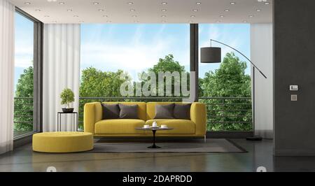 Divano giallo di fronte ad una grande finestra in una soggiorno minimalista - rendering 3d Foto Stock