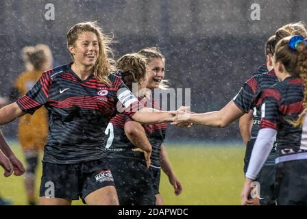 Londra, Regno Unito. 14 novembre 2020. Sophie de Goede di Saracens dopo la loro vittoria del 33-27 nella partita delle donne Allianz Premier 15s tra le donne Saracens e le donne Wasps allo Stadio Copthall, Londra, Inghilterra, il 14 novembre 2020. Foto di Phil Hutchinson. Solo per uso editoriale, è richiesta una licenza per uso commerciale. Nessun utilizzo nelle scommesse, nei giochi o nelle pubblicazioni di un singolo club/campionato/giocatore. Credit: UK Sports Pics Ltd/Alamy Live News Foto Stock