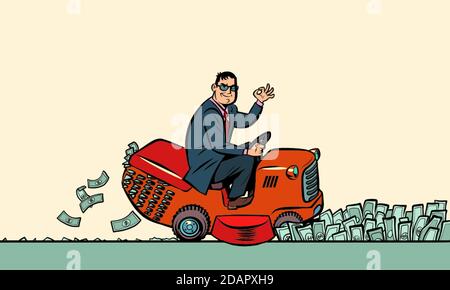 Un uomo d'affari taglia i soldi con un tosaerba. Finanza e reddito. Ricchezza Illustrazione Vettoriale
