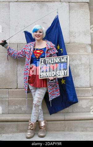 GRAN BRETAGNA / Inghilterra / Londra / giovane donna anti brexit protesta fuori dalle Camere del Parlamento il 29 gennaio 2019 a Londra, United Foto Stock