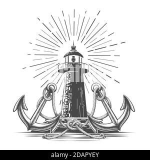 Grafica Hand Drawed Vintage Lighthouse in stile incisione. Faro due ancore e nodo di corda. Illustrazione vettoriale. Illustrazione Vettoriale