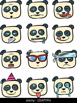 Panda Emoji affronta con diversi personaggi della collezione di emozioni, cute animale Illustrazione Vettoriale
