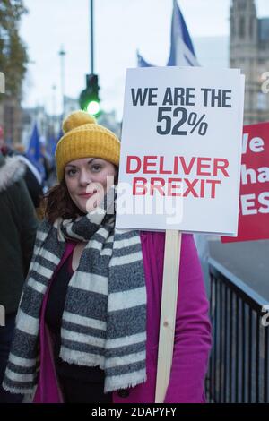 GRAN BRETAGNA / Inghilterra / Londra /attivisti pro-Brexit Teodora tiene un cartello fuori dalle Camere del Parlamento il 29 gennaio 2019 a Londra, ONU Foto Stock