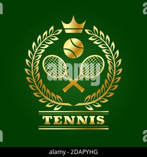 Modello da tennis con racchette in alloro e palla isolata in verde. Illustrazione vettoriale. Illustrazione Vettoriale