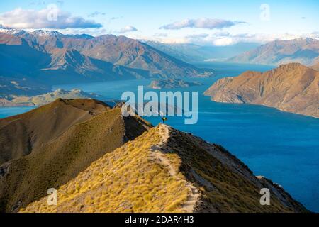 Escursionista facendo yoga, Monte Roy cima, montagna e vista lago, Roys Peak, Lago Wanaka, Alpi del Sud, Otago, Isola del Sud, Nuova Zelanda Foto Stock