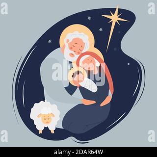 Buon Natale. Santa Famiglia Maria e Giuseppe nascita del Salvatore Gesù Cristo in una mangiatoia vicino alle pecore. Notte Santa e la stella di Betlemme. Vettore Illustrazione Vettoriale