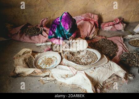 Rivenditore di incenso, nei locali viene pulito e ordinato l'incenso di qualità e varietà diverse, Erigavo, Sanaag, Somaliland Foto Stock