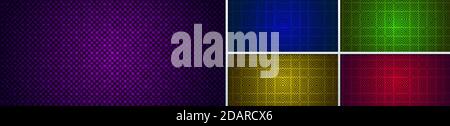 Set di motivi geometrici astratti con griglia di linee su sfondo viola scuro, blu, verde, giallo, rosso e texture. Stile di lusso. Vettore Illustrazione Vettoriale