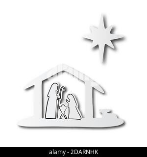 Linea nera disegnata a mano della Presepe cristiana di Natale di Bambino Gesù in mangiatoia con Maria e Giuseppe in taglio carta con ombra isolata su bianco ba Illustrazione Vettoriale