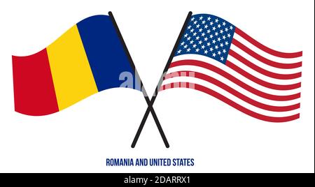 Romania e Stati Uniti Bandiere incrociate e ondulate stile piatto. Proporzione ufficiale. Colori corretti. Illustrazione Vettoriale
